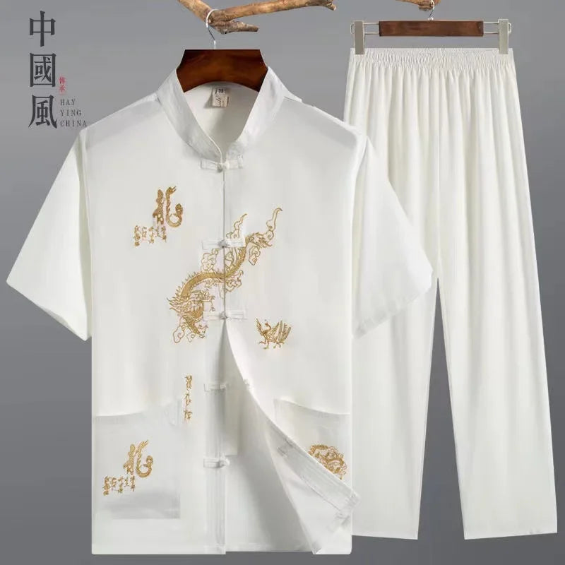 Tai Chi Clothing Men Women Traditional Chinese Kung Fu Costume Set Classic Vintage Middle-aged Elderly Fathers Tang Suit Dragon