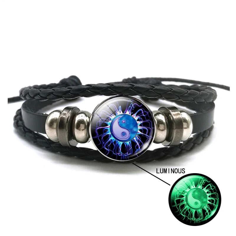 Luminous Yin Yang Braided Leather Bracelet Vintage Tai Chi Kung Fu Sign Snap Button Bracelet Men Women Handmade Accessories