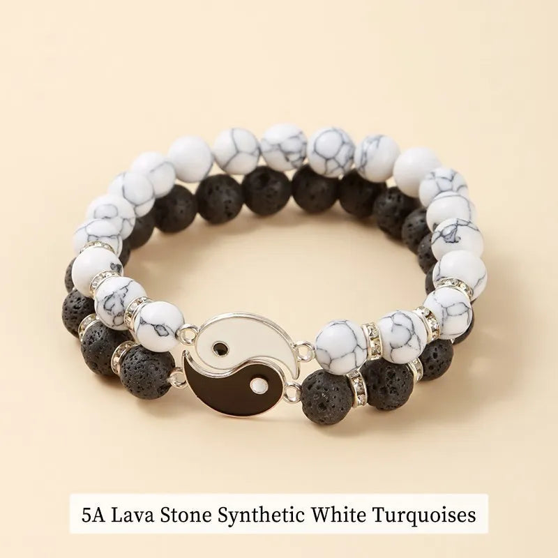 Natural Volcanic Lava Stone Tai Chi Yin Yang Couple Bracelets Women Men White Turquoises Round Beads Handmade Lovers Jewelry