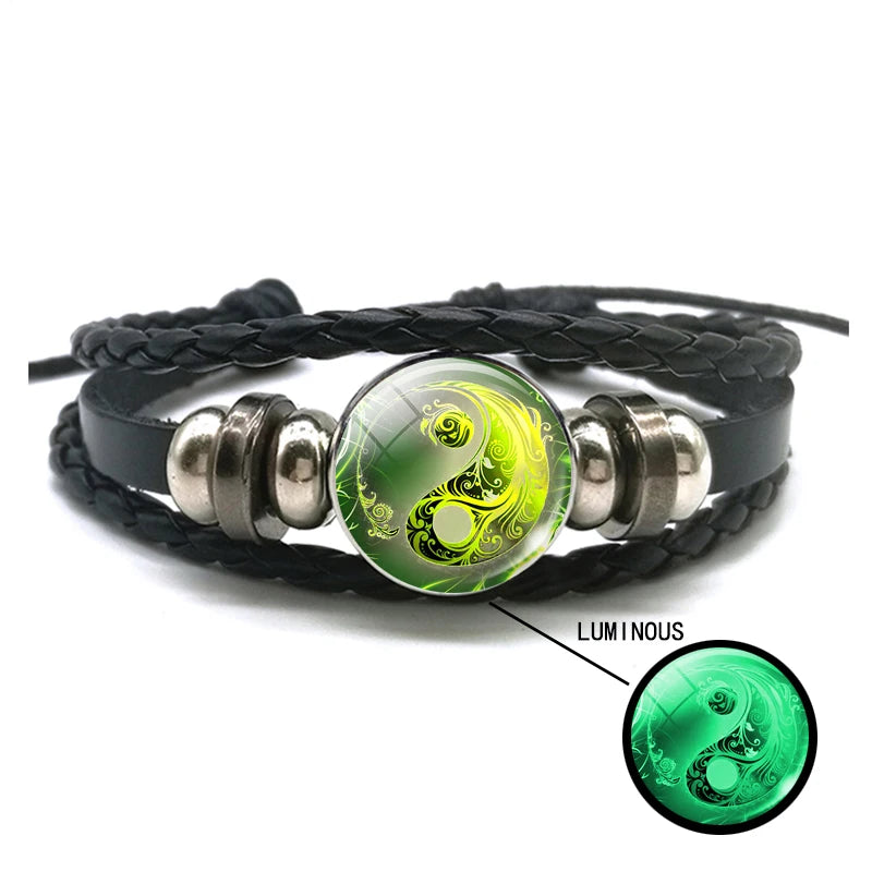 Luminous Yin Yang Braided Leather Bracelet Vintage Tai Chi Kung Fu Sign Snap Button Bracelet Men Women Handmade Accessories