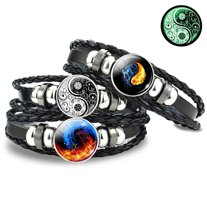 Luminous Yin Yang Braided Leather Bracelet Vintage Tai Chi Kung Fu Sign Snap Button Bracelet Men Women Handmade Accessories