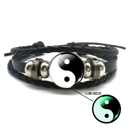 Luminous Yin Yang Braided Leather Bracelet Vintage Tai Chi Kung Fu Sign Snap Button Bracelet Men Women Handmade Accessories