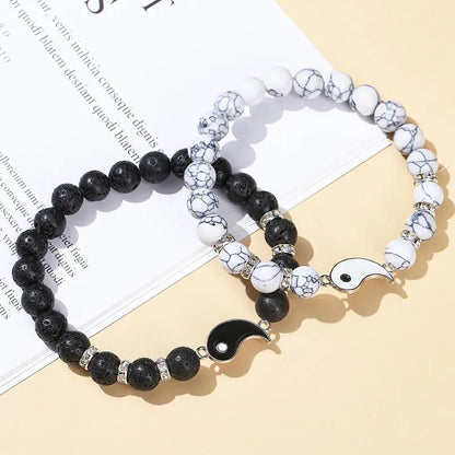 Natural Volcanic Lava Stone Tai Chi Yin Yang Couple Bracelets Women Men White Turquoises Round Beads Handmade Lovers Jewelry