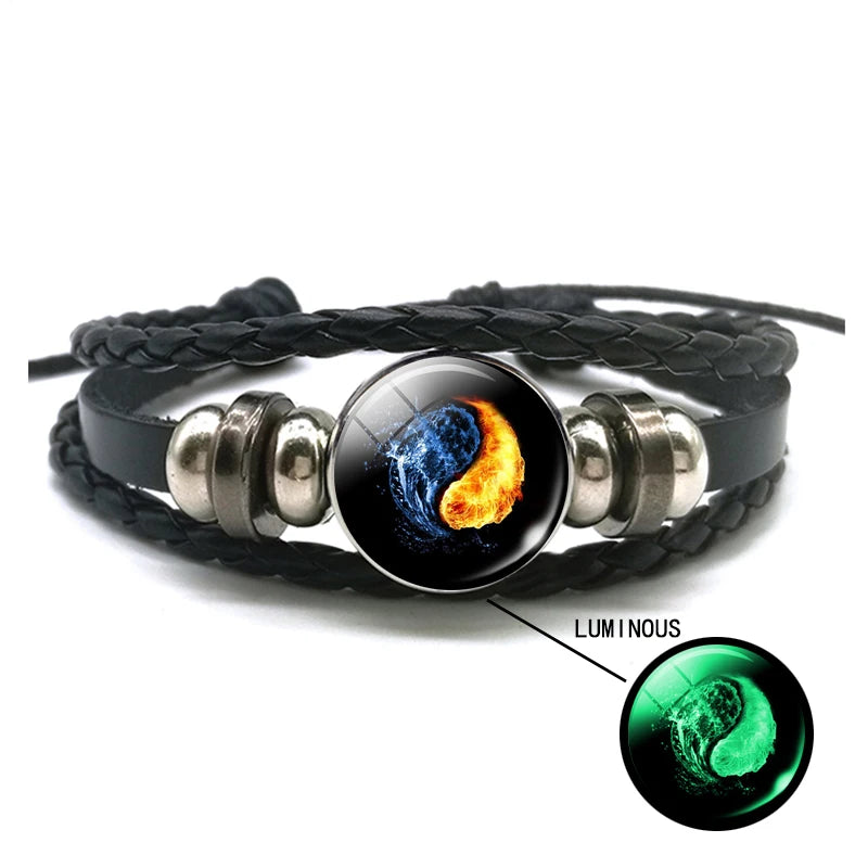 Luminous Yin Yang Braided Leather Bracelet Vintage Tai Chi Kung Fu Sign Snap Button Bracelet Men Women Handmade Accessories