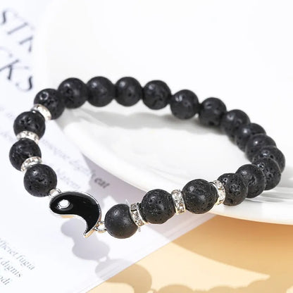 Natural Volcanic Lava Stone Tai Chi Yin Yang Couple Bracelets Women Men White Turquoises Round Beads Handmade Lovers Jewelry