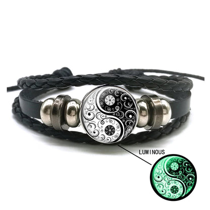 Luminous Yin Yang Braided Leather Bracelet Vintage Tai Chi Kung Fu Sign Snap Button Bracelet Men Women Handmade Accessories