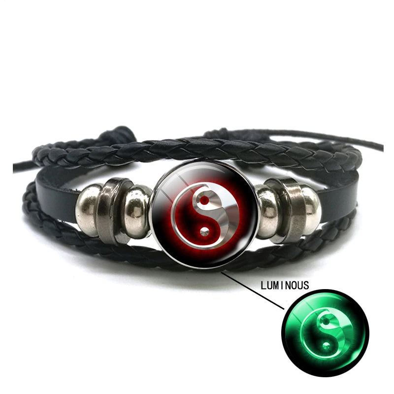 Luminous Yin Yang Braided Leather Bracelet Vintage Tai Chi Kung Fu Sign Snap Button Bracelet Men Women Handmade Accessories