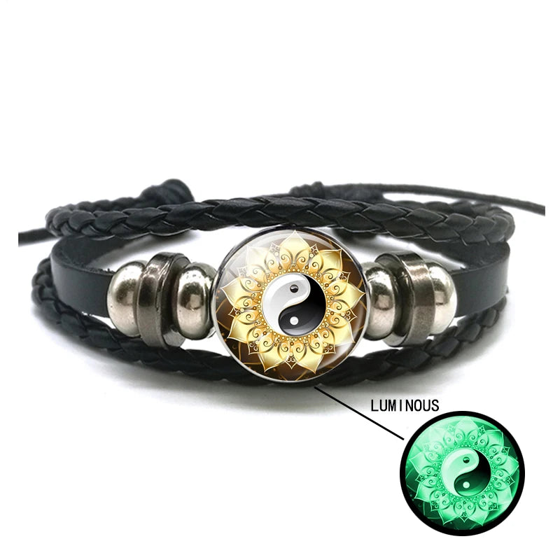 Luminous Yin Yang Braided Leather Bracelet Vintage Tai Chi Kung Fu Sign Snap Button Bracelet Men Women Handmade Accessories