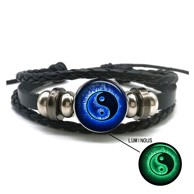 Luminous Yin Yang Braided Leather Bracelet Vintage Tai Chi Kung Fu Sign Snap Button Bracelet Men Women Handmade Accessories