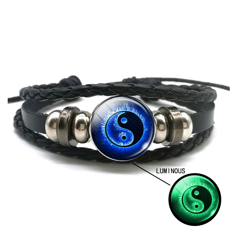 Luminous Yin Yang Braided Leather Bracelet Vintage Tai Chi Kung Fu Sign Snap Button Bracelet Men Women Handmade Accessories