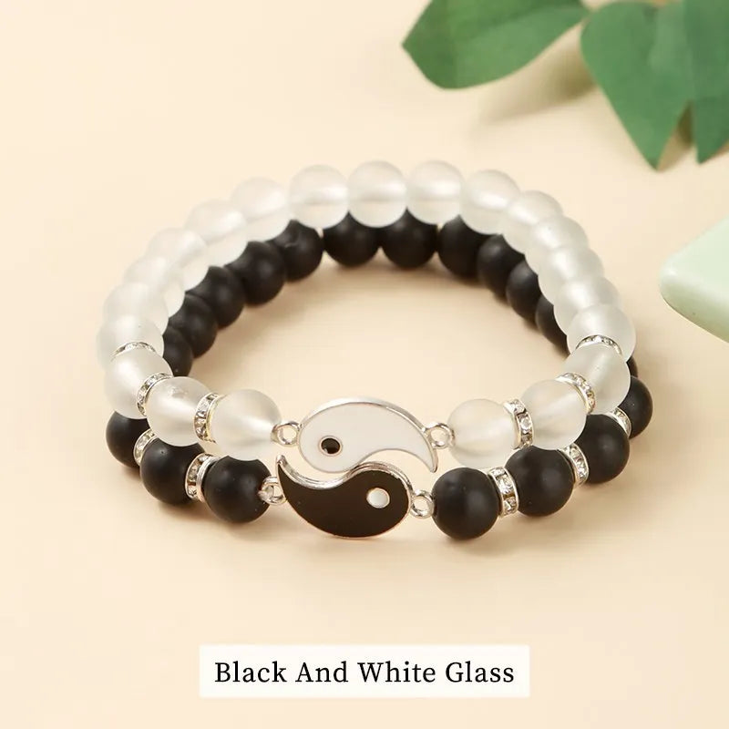 Natural Volcanic Lava Stone Tai Chi Yin Yang Couple Bracelets Women Men White Turquoises Round Beads Handmade Lovers Jewelry