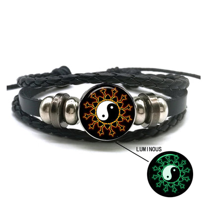 Luminous Yin Yang Braided Leather Bracelet Vintage Tai Chi Kung Fu Sign Snap Button Bracelet Men Women Handmade Accessories